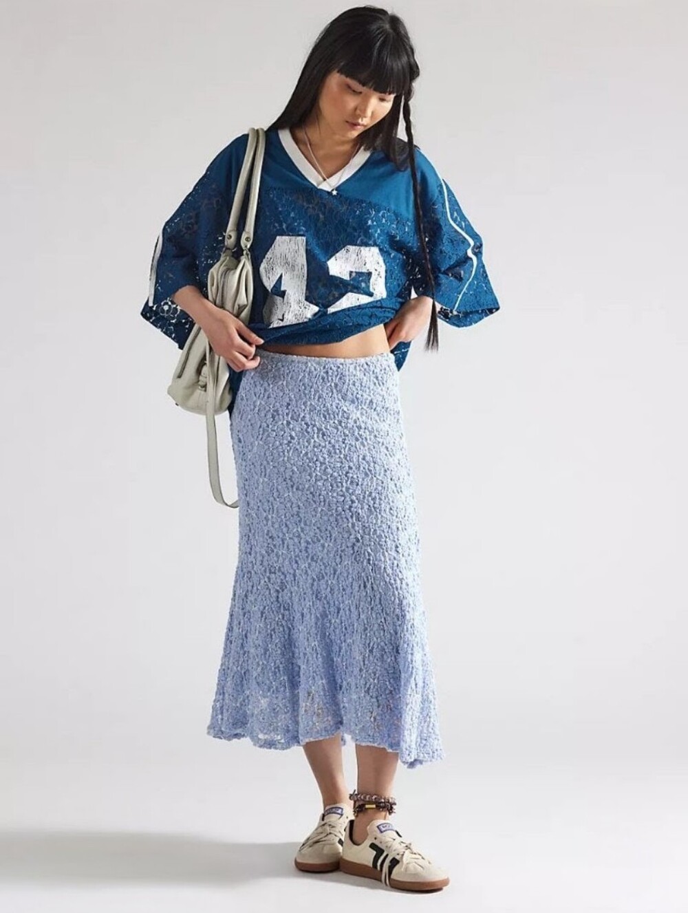 Free People XS Blue Lace Knit Crop Top & Midi Skirt Set Boho Cottagecore - Picture 15 of 16